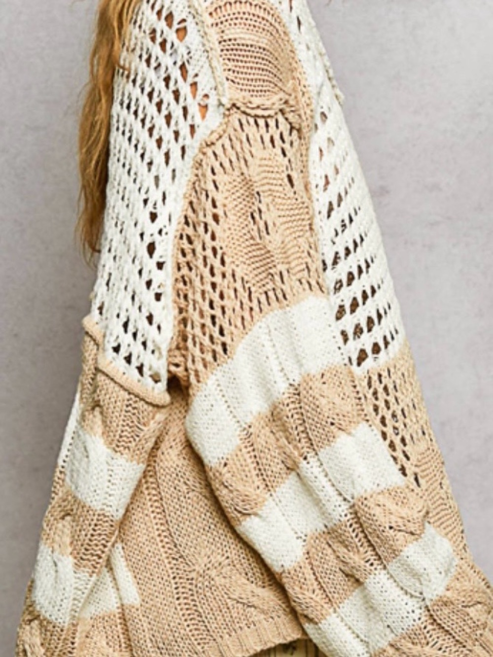 POL Open-Knit V-Neck Sweater in Beige and Cream - Picture 2 of 4